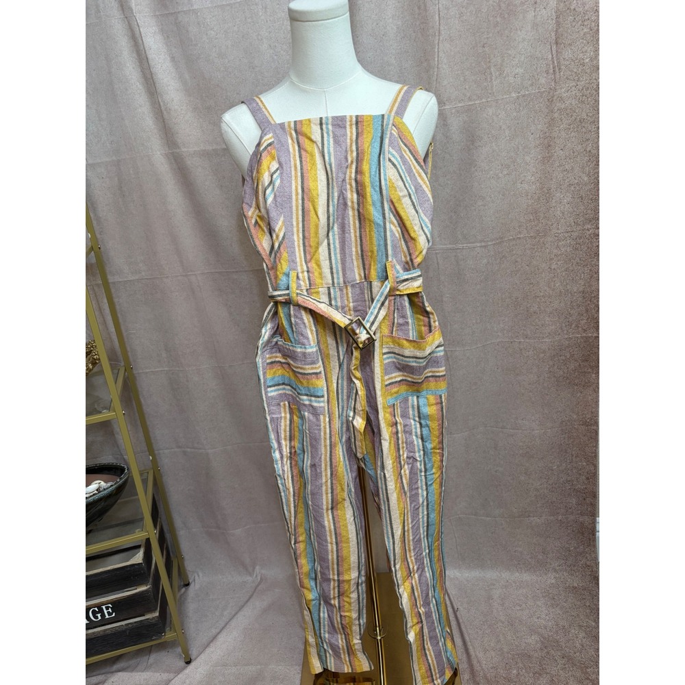 Ellejay Free People Womens Striped Linen Blend Belted Jumpsuit Multi Color S NEW